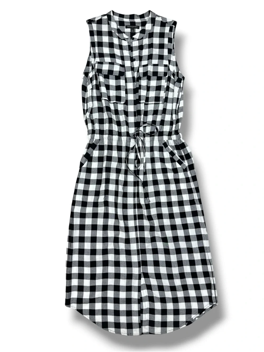 Banana‎ Republic Buffalo Check Sleeveless Cinch Waist Shirt Dress Black White 12